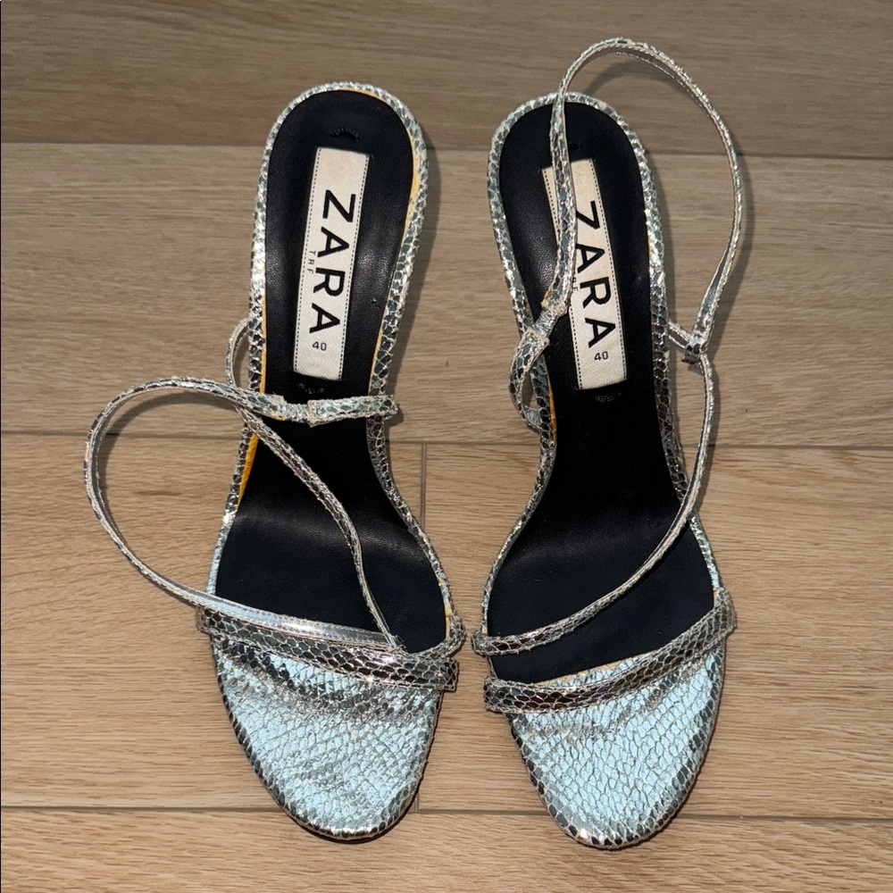 Zara Metallic Silver Heeled Sandals